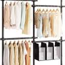 Floor-to-Ceiling Clothes Rack with 3 Laundry Hampers, Heavy-Duty Adjustable Closet Organizer, Modular Wardrobe Storage System, Black, Size: 4-Pole Max