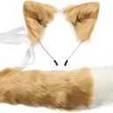 Handmade Fox Wolf Ears Headband and Faux Fur Tail for Halloween Party Costume Accessories (Khaki)