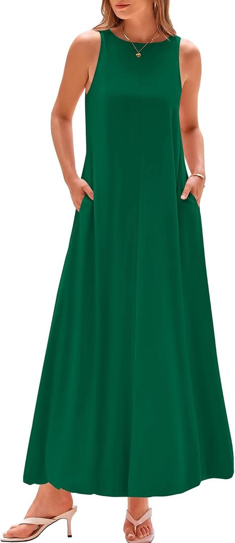 BTFBM 2025 Women Summer Vacation Dresses Sleeveless Crewneck Loose Beach Sundress Bubble Hem Tank Maxi Dress Pockets, M