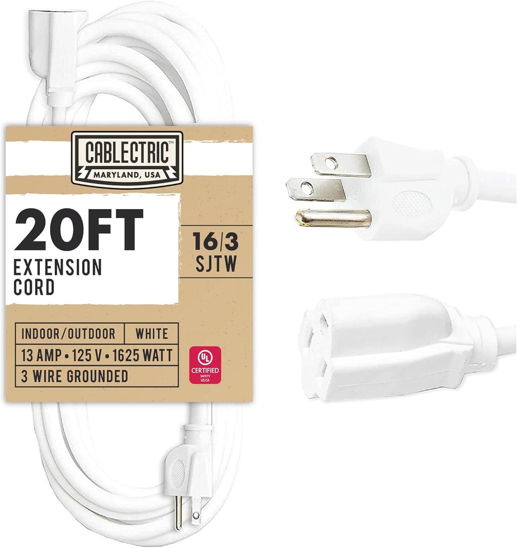20 Foot Outdoor Extension Cord - 16/3 SJTW White 16 Gauge Electrical Cable with 3 Prong Grounded Plug