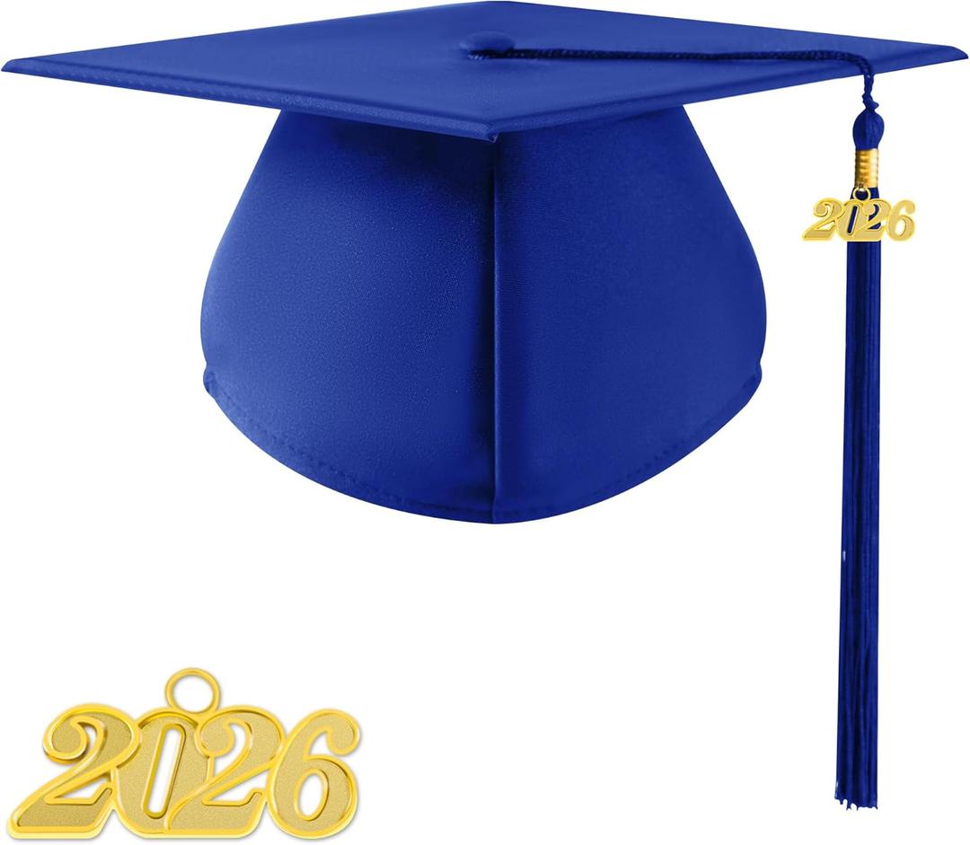 Graduation Cap 2026 with Tassel Unisex Matte Bachelor High School Cap Adjustable Size (Royal Blue)