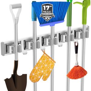 reliahom Broom Holder Wall Mount, 5 Racks with 4 Hooks Silver - Mop Storage Tool Racks, Broom Hanger Tool Organizer for Garage, Kitchen, Garden, Laundry Room