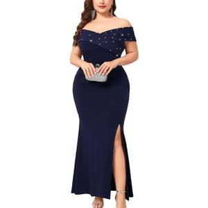 Plus Size Off The Shoulder Mermaid Maxi Dress Rhinestone Ruched Slit Formal Evening Gown Wedding Guest Cocktail (Blue, XL)