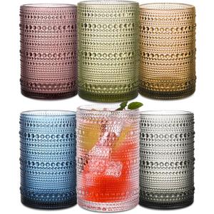 Colored Hobnail Drinking Glasses Set of 6, 15 oz Vintage Highball Glasses, Drinkware Kitchen Glasses for Cocktail, Iced Coffee, Beer, Ice Tea, Wine, Whiskey, Water