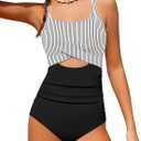 Girl Swimsuit One Piece Cutout Ruched Bathing Suit for Girls V-Neck Color Block Adjustable Straps Pad Swimwear 9-16y (13-14 Years, Black Stripes)