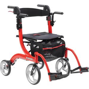 Drive Medical Nitro Duet Dual Function Foldable Rollator Walker & Transport Wheelchair for Seniors & Adults - Hand Activated Brakes & Back Support - Large Front Wheels - Red