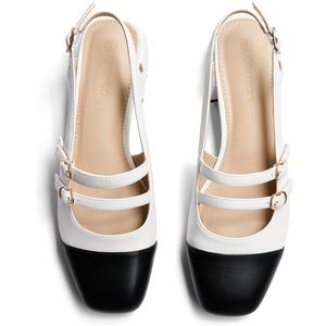 Coutgo Women's Mary Jane Chunky Low Heels Slingback Pumps Closed Square Toe Wedding Dress Shoes (7.5, Black & White Pu)