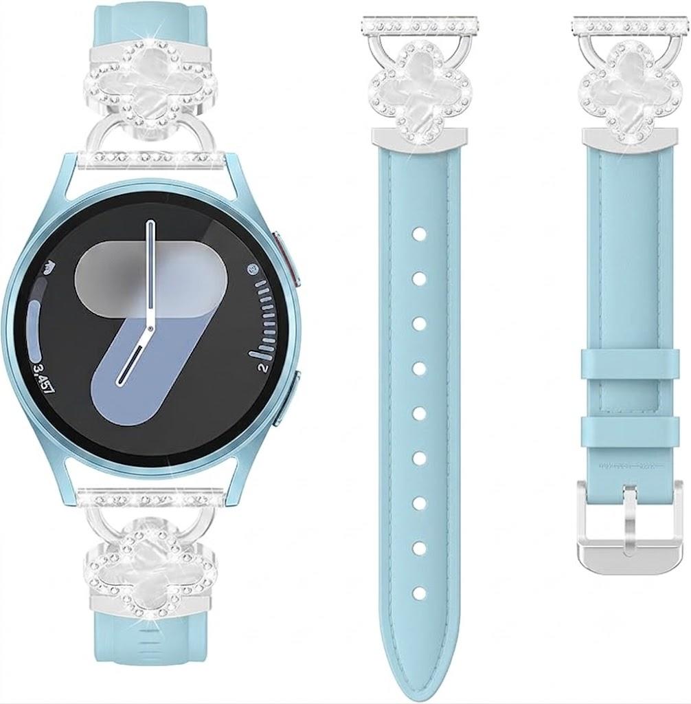 Leather Band for Samsung Galaxy Watch 7/6/5/4/ FE Band 40mm 44mm Women, Bling Leaf Clover Slim Watch Band Replacement Strap for Galaxy Watch 4/6 Classic/5 Pro/Active 2, Blue-Silver Shell