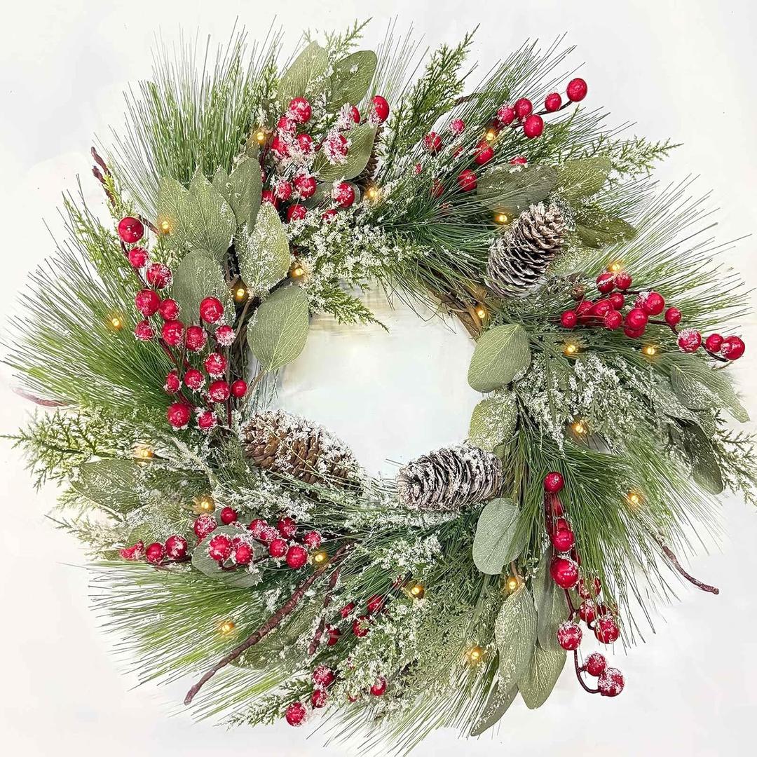 Timer - 20 Inch Flocked Christmas Wreaths for Front Door, Lighted Christmas Wreath with 30 Lights Pine Needles Eucalyptus Cypress Leaves Pinecone Red Berries Xmas Wreath for Home Outdoor Indoor Winter