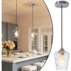 Mini 5" Brushed Nickel Hammered Glass Pendant Lights Kitchen Island 1 Pack | Small Modern Pendant Light Kitchen Island Lighting Farmhouse Kitchen Pendant Lighting over Island for Dining Room Over Sink