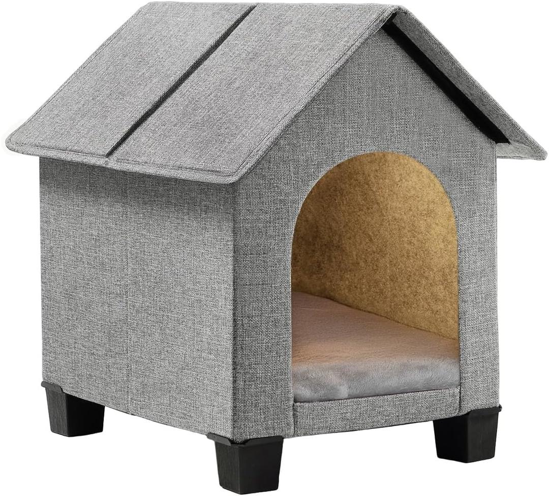 Indoor Dog House, Elevated Foldable Dog Cave Bed with Removable Plush Mat for Small Dogs and Cats Up to 15.7 Inches Long