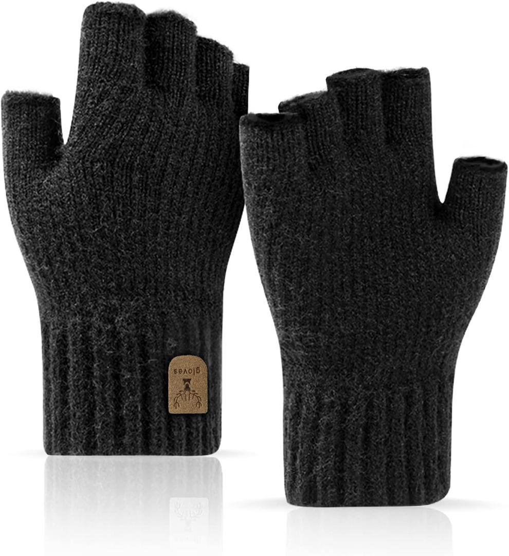 Fingerless Gloves Half Finger Winter Warm Knitted Gloves Working Running Biking Driving for Men and Women (Black)