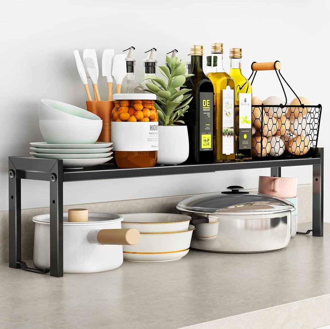 Expandable Cabinet Shelf Organizer 16-26" L Stackable Kitchen Counter Shelf Rack Sink Riser Countertop Storage Black (Normal 7.9D)