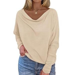 Okiwam Women's Fall Tops Cowl Neck Long Batwing Sleeve Shirts Oversized Tunic Dressy Casual Blouses 2026 Fashion Clothes-S Khaki