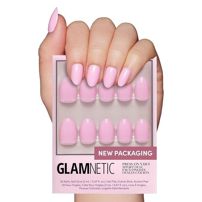 Glamnetic Press On Nails  Think Pink | Solid Opaque Light Pastel Pink Short Oval Fake Nails, Salon Quality | 15 Sizes  30 Nail Kit with Glue