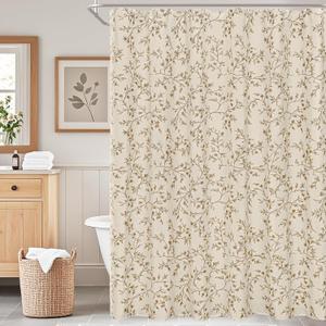 Beige Tan Floral Shower Curtain 72x72, Lightweight Faux Linen Bathroom Curtains, Twiggy Leaves Botanical Cottagecore Farmhouse Decor, Water Repellent Fabric