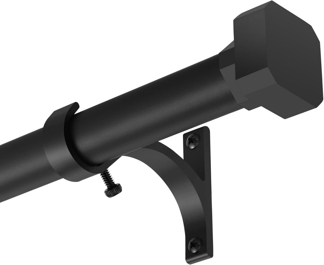 Window Curtain Rods 28 to 48 Inches, 1 Inch Heavy Duty Modern Decorative Telescoping Drapery Rod with Solid Aluminium Alloy Brackets and Square Finials, Length Adjustable, Matte Black