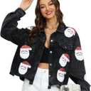 Loafawes Women's Christmas Distressed Cropped Corduroy Jacket Santa Sequin Patched Short Jacket Coat With Pockets (Medium)
