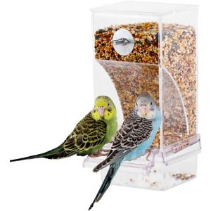 No Mess Automatic Bird Feeder for Cage - Parrot Feeder Inside Cage With Clear Perch and Acrylic Seed Food Container