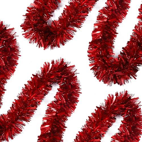 50 FT Red Tinsel Garland Christmas Tinsel Garland Xmas Tree Decorations Metallic Twist Streamer for Christmas Tree New Year Holiday Birthday Party Decorations (3.54" x 50', Red)