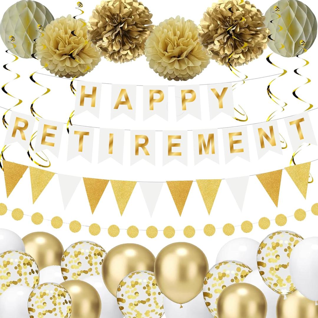 White Gold Netural Retirement Party Decorations for Women Men,Happy Retirement Banner with Hanging Swirls,Balloons,Paper Pompoms,Honeycomb Balls,Pennant Banner for Farewell Party Decor Supplies