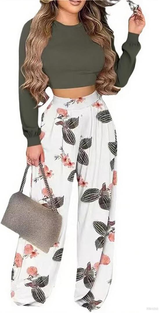 2 Piece Outfits for Women Long Sleeve Crop Top High Waist Wide Leg Long Pant Sets Tracksuit Sport Set (Green, S)