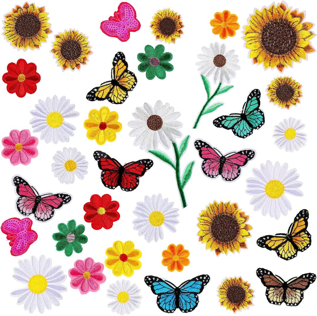 Canlierr 36 Pieces Flower Iron On Embroidered Patches Sunflower Cute Sew On Applique Patches for Clothing Large Colorful Decorative Patches for Clothes Dress Hat Jeans DIY(Vivid Style)