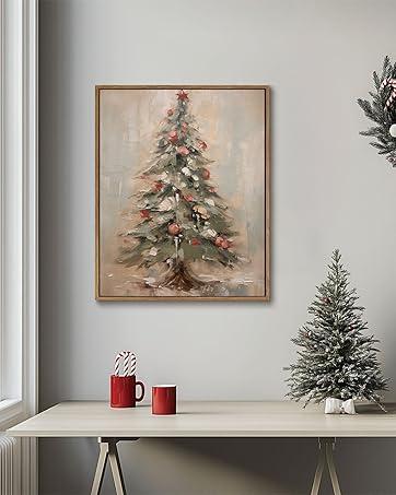 KISSFOX Vintage Christmas Tree Framed Wall Art Snowy Canvas Art Rustic Winter Christmas Tree Paintings Art Prints Modern Farmhouse Pictures Wall Decor For Kitchen Bedroom Living Room, 12x16