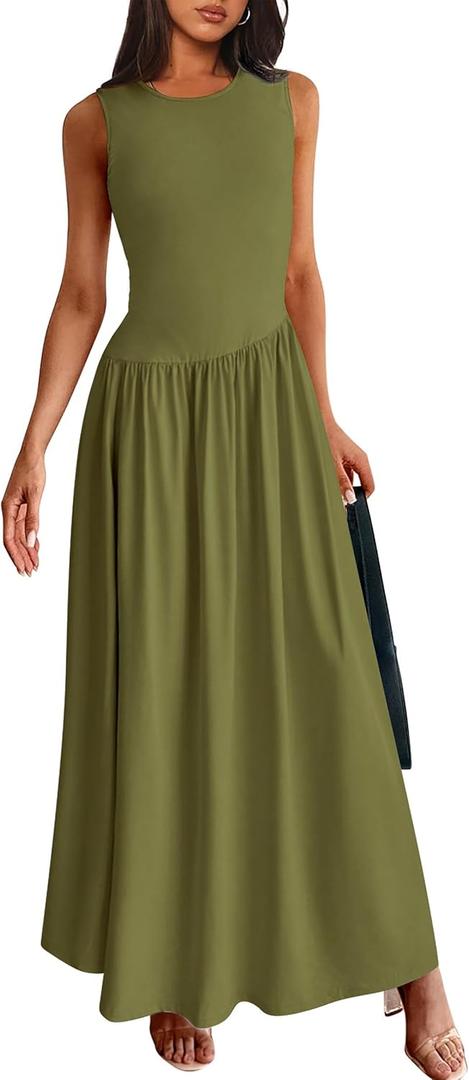 PRETTYGARDEN Women's Maxi Sundress Casual Summer 2025 Sleeveless Asymmetrical Drop Waist Patchwork Long Flowy Tank Dresses (L)