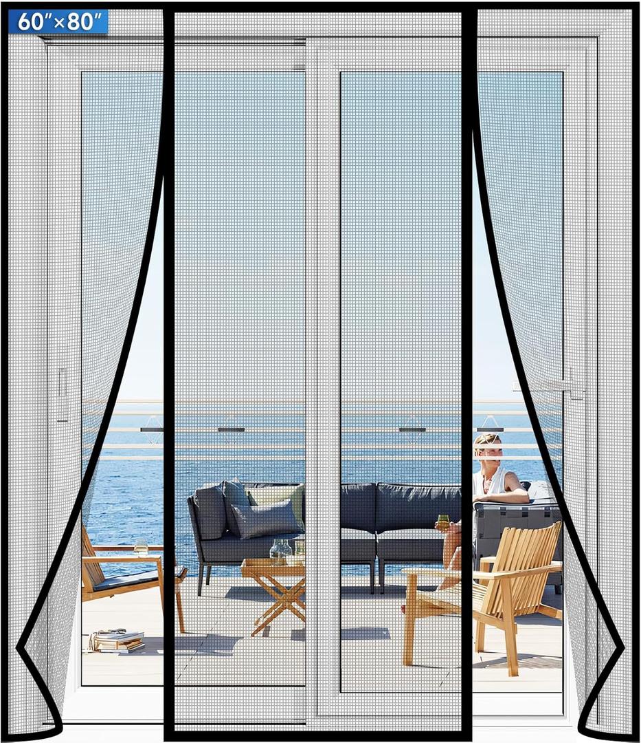 LONGEAS Magnetic Screen Door Left Right Side Opening Upgraded PET Mesh Greater Than Fiberglass and Polyester,Keep Bugs Out,Pet & Kid Friendly,Suitable for Sliding Doors,Patio French Doors60" X 80"