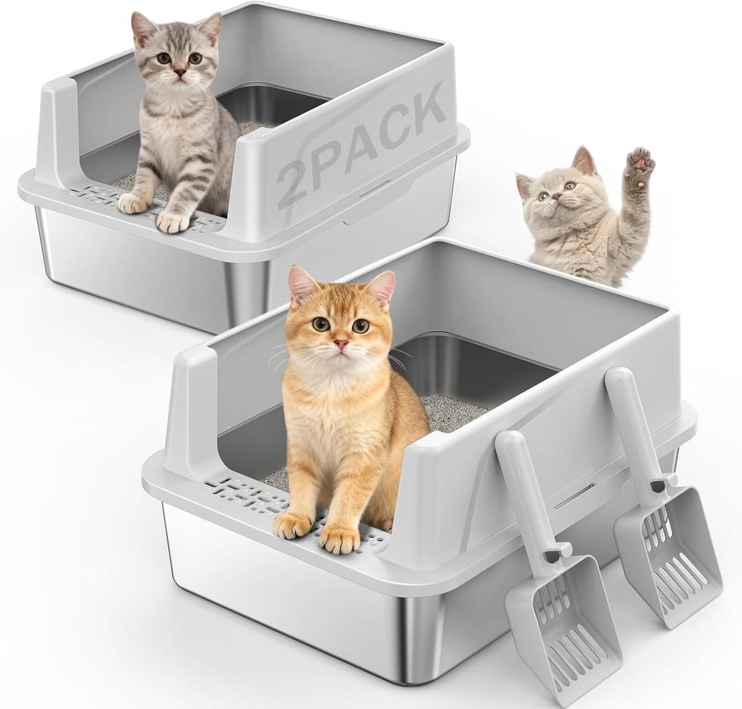 2PACK Stainless Steel Cat Litter Box with Lid, High-Sided Metal Litter Pan for Small Cats, Kitty Litter Box, Non-Stick & Odor-Resistant, Anti-Urine Leakage, Easy to Clean, Scoop Included (Silver Grey)