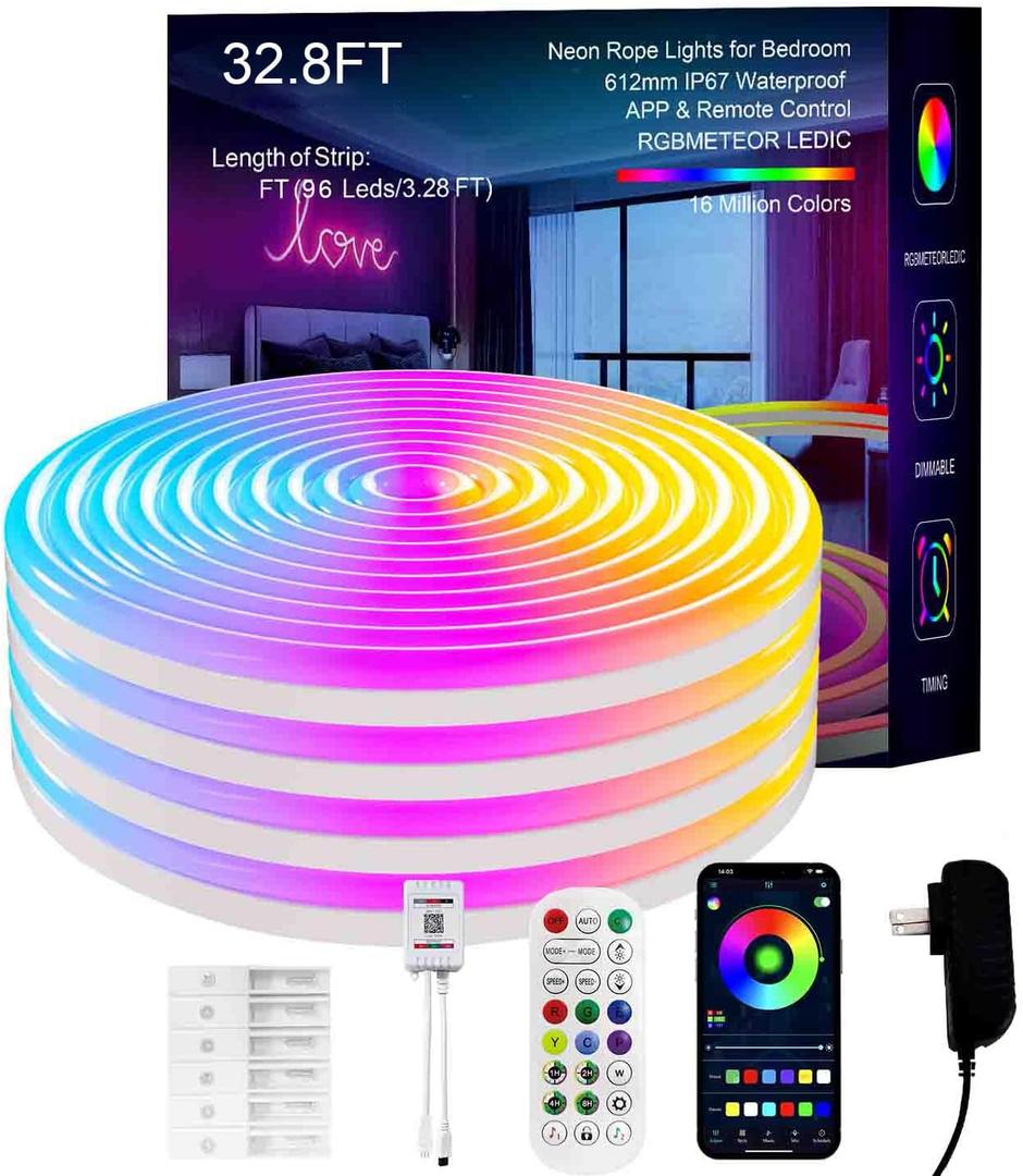 MFWW Neon Rope Lights, 32FT IC+RGB LED Strip Lights, App+Remote Control, Outdoor IP67 Waterproof, Music Sync, Color Changing, Flexible DIY Design Neon Lights for Bedroom, Gaming, Party Decor