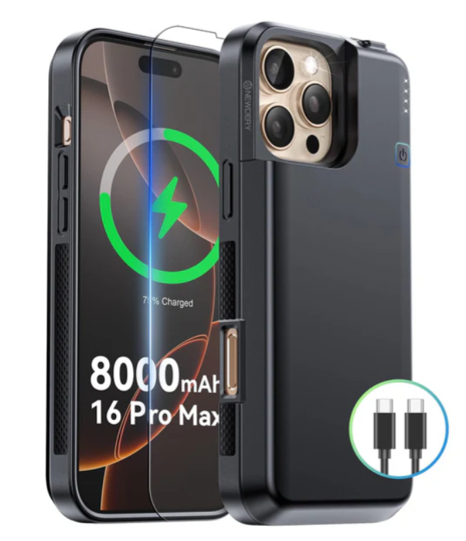 NEWDERY 8000 mAh Battery Case for iPhone 16 max  Qi Wireless Charging & Wired Headset & Sync-Data Supported, Portable Protective Charger Cover
