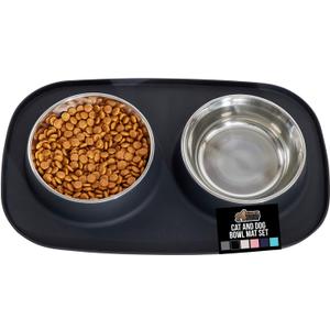 GORILLA GRIP Feeding Mat Set, 3 Cup, Patent Pending 100% Waterproof BPA Free Silicone, Stainless Steel Cat and Dog Bowls, Slip Resistant, High Edges Catch Water Food, US Designed Pet Accessories Black
