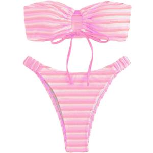 Women's Striped Printed Bandeau Bathing Suit High Waisted Swimsuit Bikini Set (Medium, Light Pink)