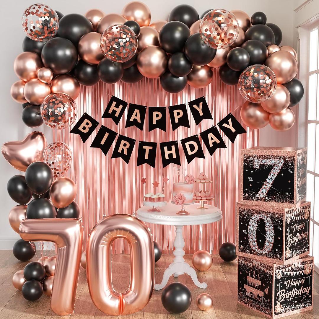 70th Birthday Decorations for Women, Rose Gold and Black Party Supplies with Happy Birthday Boxes, Foil Fringe Curtains, Number 70 Balloons, Heart Foil Balloon for 70 Year Old Birthday Backdrop