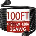 16/3 10A 125V 1250W 100 Ft Outdoor Extension Cord Waterproof, Weatherproof & Flame Retardant Black 3 Prong Power Cord Outside for Lawn & Garden, SJTW ETL Listed