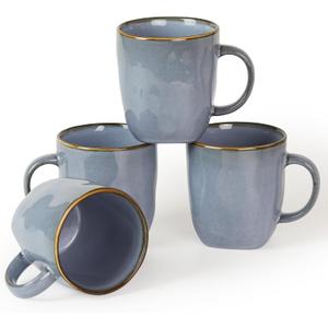 famiware Coffee Mugs Set of 4, Ocean Square 13oz Coffee Cup Set with Handle for Cocoa, Milk, Hot Chocolate, Tea, Water, Stoneware Cups for Kitchen, Microwave and Dishwasher Safe, Blue