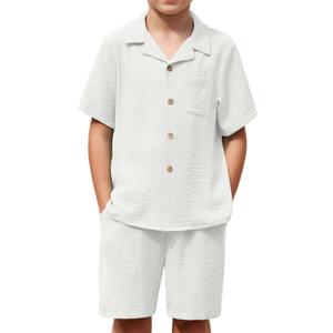 Arshiner Boys 2 Pieces Summer Beach Outfits Short Sleeve Button Down Shirts and Shorts Vacation Texture Sets for Kids (9-10 Years, White)
