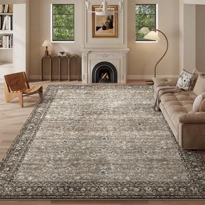 8x10 Area Rugs Grey and Brown Washable Rug for Living Room, Dining Room, Bedroom, Large Carpets, Non Slip & Non-Shedding Low Pile Vintage Print Rug for Home Office Decor