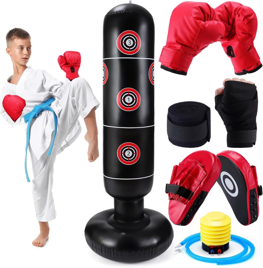 7 Pcs Kids Punching Bag Set Include Boxing Gloves, Inflatable Punching Bag, Hand Wraps, Hand Pads, Air Pump, Kids Boxing Training Set for Karate Kickboxing Taekwondo (Red)