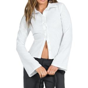 Trendy Fitted Button Down Shirts for Women Long Flare Sleeve Striped Cropped Shirt Business Top Autumn Blouse (Medium, White)