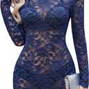Avidlove Women Sexy Sheer Lace Bodycon Mini Dress Long Sleeve Mock Neck Cocktail Party Dresses See Through Lingerie Outfit (Blue, M)