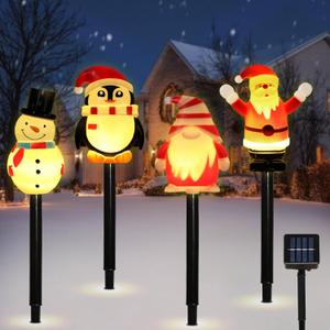 Lewondr 4 Pack Christmas Decorations Outside,Solar Lighted Santa Claus,Snowman,Gnome,Penguin with Garden Stakes,Waterproof Garden Lawn Pathway with 8 Lighting Modes,Yard Decor for Xmas Party,Holiday