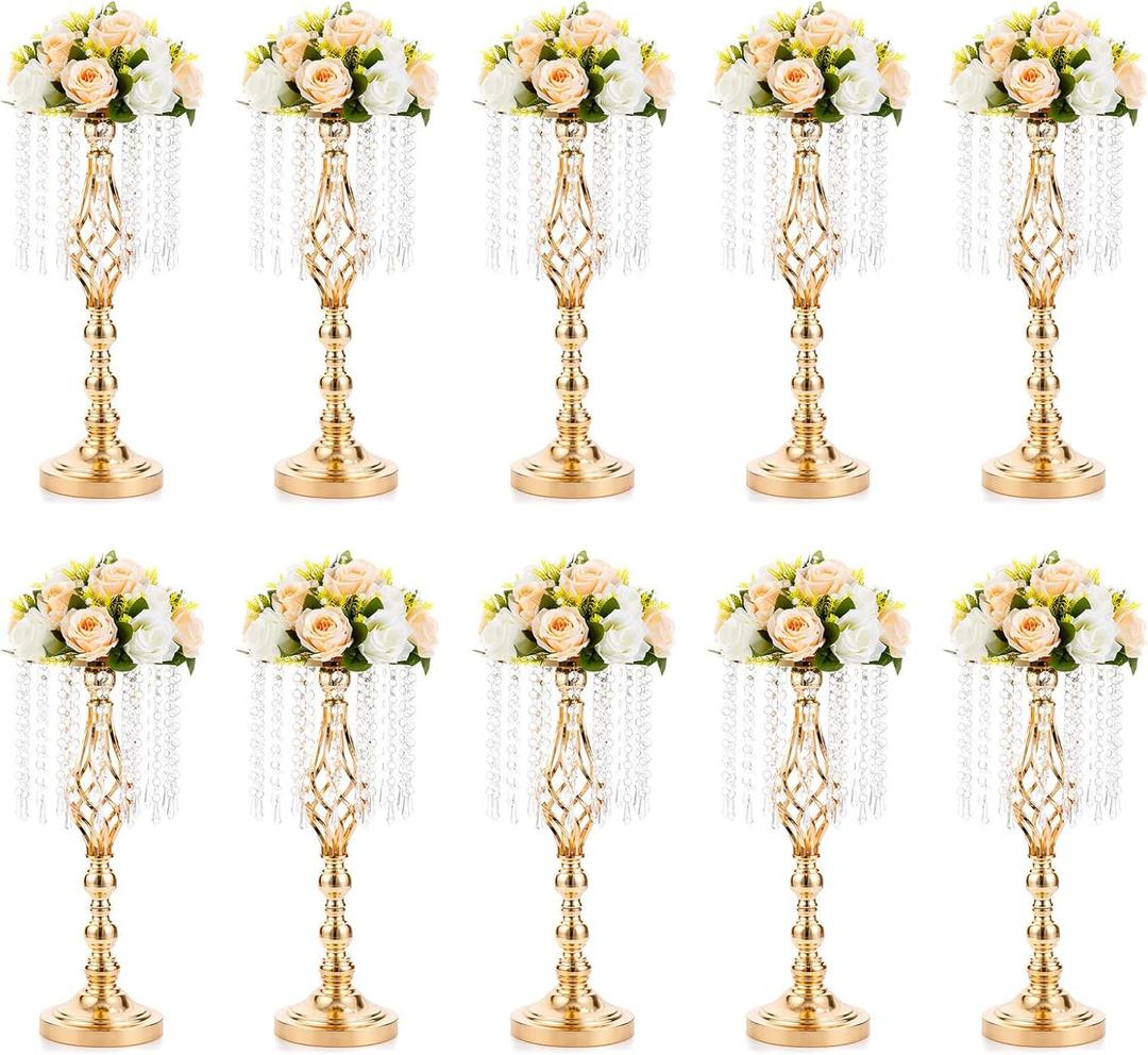 10 Pcs 19.3 inches Tall Crystal Flower Stand Wedding Road Lead Tall Flower Holders Centerpiece Crystal Flower Chandelier Metal Flower Vase for Reception Tables Wedding Supplies