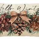 Hello Winter Pine Cone Lumbar Decorative Throw Pillow Cover 12 x 20, Rectangular Pine Needle Bow Outdoor Home Decor, Christmas Seasonal Red Berry Sofa Couch Cushion Case