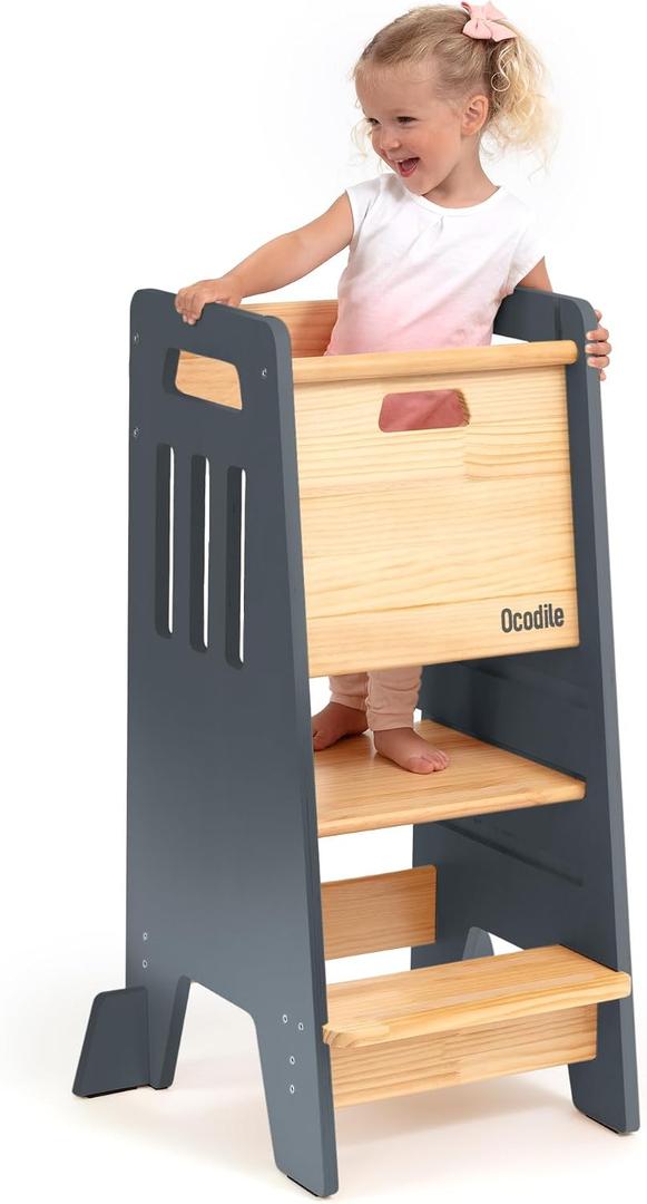 OCODILE Toddler Tower with a Sliding Door and 3 Adjustable Heights - Safe Toddler Kitchen Stool Helper with Support Feet - Updated Design for 18+ Months to 6-Year-Old Kids - Gray