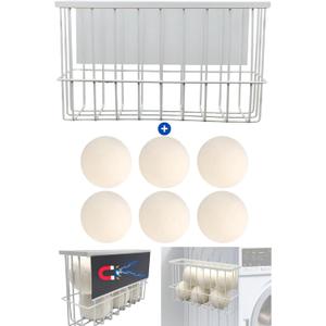 Magnetic Dryer Ball Holder Plus 6 XL Wool Dryer Balls from New Zealand Wool- Laundry Dryer Balls Storage Containers: Easy Install Without Tools, Magnetic Basket for Dryer Balls