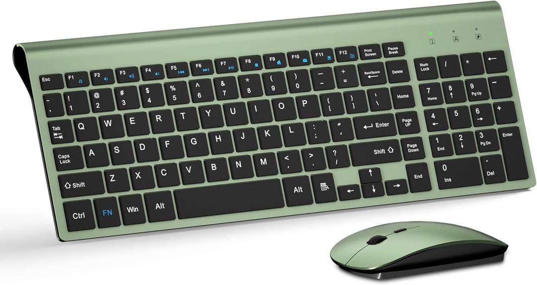 Wireless Keyboard and Mouse Ultra Slim Combo, TopMate 2.4G Silent Compact USB 2400DPI Mouse and Scissor Switch Keyboard Set with Cover, Batteries Included, for PC/Laptop/Windows/Mac - Green Black