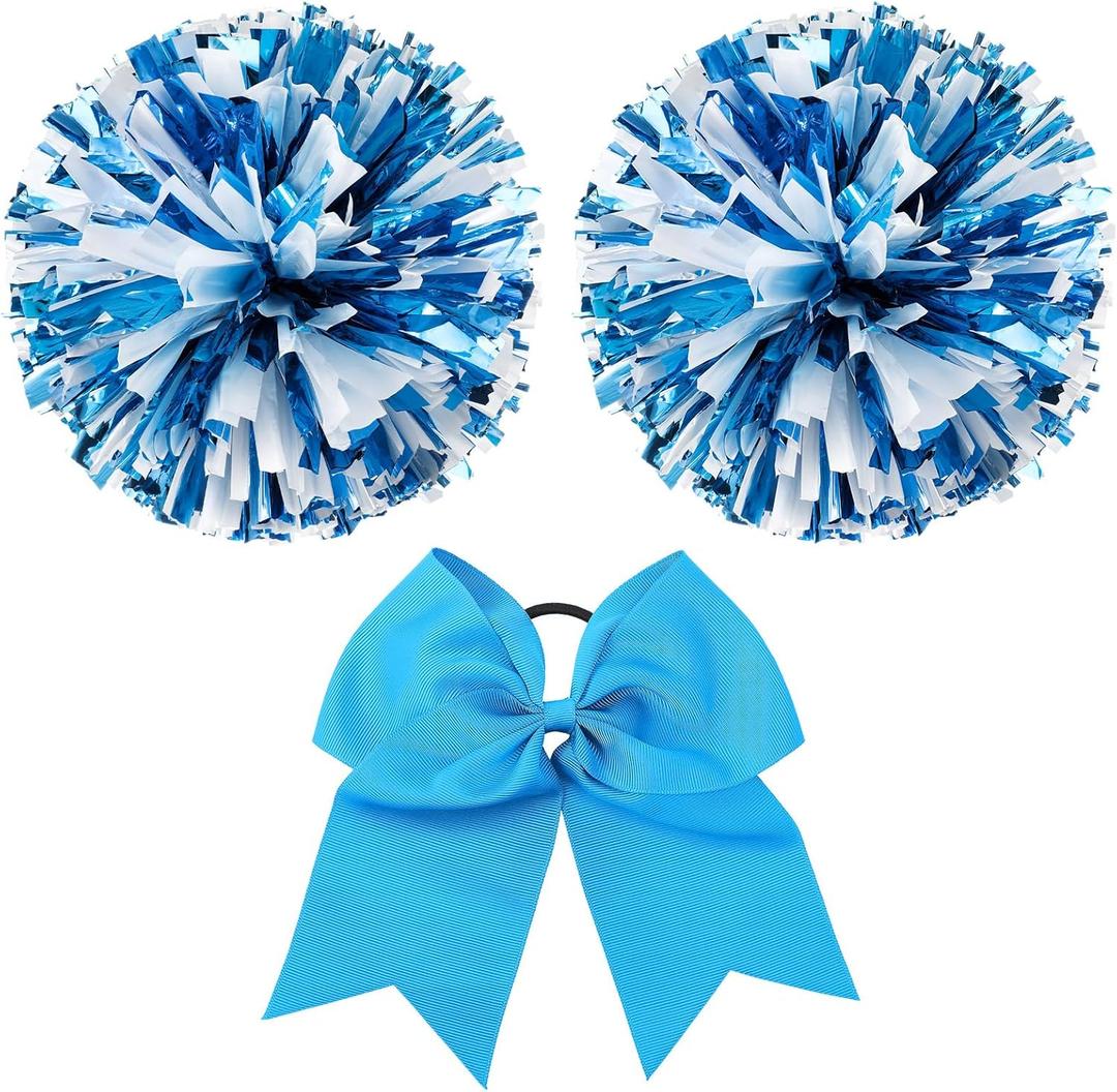 Hanaive 3 Pcs Cheerleading Pom Poms and Large Cheerleader Hair Bow Metallic Cheer Supplies for Team Spirit Sports Dance Cheering (Lake Blue Mixed White)